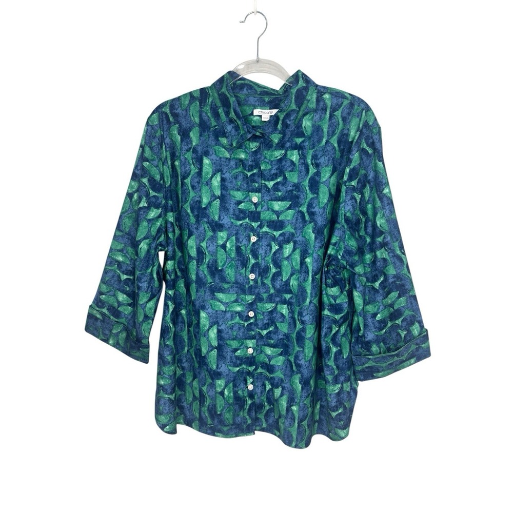 Chico's Size 4 US 2X Button Up Shirt Cotton Stretch Long Sleeve Flip Cuff Career